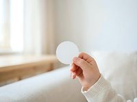 Person holding blank white round card or tag in bright bedroom with natural window light, suitable for mockups, branding, and product presentations.