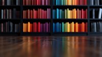 Colorful blurred bookshelf with rainbow spectrum of book spines on wooden floor creates atmospheric background for education and knowledge concepts.
