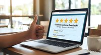 Customer giving thumbs up to five star rating feedback on laptop screen in bright cafe setting for business review and satisfaction surveys.