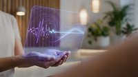 Hands holding holographic medical heartbeat display with pulse wave technology in modern healthcare environment for digital health monitoring applications.