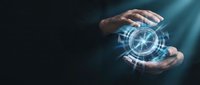 Businessman hands holding glowing digital gear icon, representing technology innovation, industrial automation, and engineering solutions for business operations.
