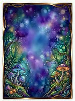 Enchanted forest scene with luminous mushrooms and magical glowing orbs floating in a mystical night sky, framed with ornate gold borders, suitable for fantasy artwork and mystical designs.