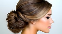 Side profile of young woman with elegant updo hairstyle, professional makeup, and highlighted brown hair showing classic bridal or special occasion styling.