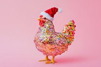 Colorful glitter rooster wearing red Santa hat isolated on pink background, festive holiday decoration for seasonal greeting cards and Christmas celebrations.