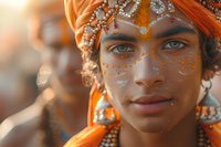 Young South Asian woman with face paint and traditional orange headwrap adorned with jewelry gazes at camera in warm golden sunlight, creating ethereal festival atmosphere.