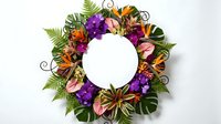 Tropical floral wreath with exotic flowers, ferns, and monstera leaves on white background, featuring a round copy space in the center.