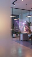 Businessman touching holographic sales funnel interface in modern office environment showcasing digital marketing and business analytics technology.