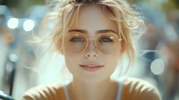 Young Caucasian woman with blonde hair in round glasses smiling gently at camera. Soft bokeh background creates dreamy atmosphere. Natural makeup and casual style portrait.
