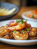 Succulent grilled shrimp in sweet and spicy Asian-style sauce garnished with fresh green onions, served on white plate. Close up view with selective focus.