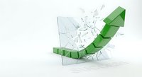 Green arrow breaking through glass barrier symbolizing breakthrough, success, and overcoming obstacles in business growth and achievement.