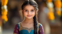 Young girl with braided dark hair wearing traditional Indian style dress smiles warmly at camera against blurred yellow floral background, natural portrait lighting creates soft glow.