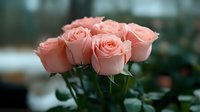 Fresh coral pink roses with delicate petals in soft focus against dark green foliage background create romantic mood for wedding and celebration designs.