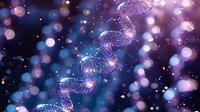 Glowing DNA helix structure with sparkles and bokeh effects on dark blue background, genetic science concept with purple and pink luminous particles.