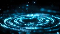 Glowing blue spiral galaxy formation with luminous particles and bokeh effects on dark background creates cosmic atmosphere for space designs.