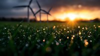 Wind turbines on green field at golden sunset with dewdrops on grass creating bokeh effect. Renewable energy landscape for sustainable power generation concepts.