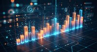 Futuristic data visualization with glowing bar charts and network connections on digital grid background for business analytics and technology presentations.