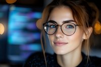 Young Caucasian woman with glasses and subtle smile against blurred digital background, representing technology professional or student in modern workspace.