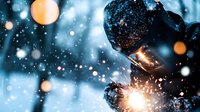 Dramatic close-up of sparks flying from metal welding process against dark background with bokeh light effects and snow falling, creating industrial atmosphere.
