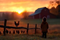 Young child watching chickens on rustic wooden fence at sunset, with red barn silhouette and golden sky creating nostalgic rural farm atmosphere.