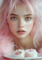 Young woman with striking blue eyes and pastel pink hair in dreamy soft focus portrait, wearing delicate pink clothing against blurred pink background.