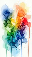 Vibrant watercolor paint explosion with flowing drips in rainbow spectrum colors on white background for creative design projects and artistic applications.