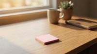 Pink sticky note pad on a wooden desk near a window, with a mug and plant in the background, warm natural light.