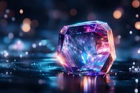 Futuristic holographic crystal cube with neon purple and blue lights glowing against dark background with bokeh effects for technology and sci-fi designs.