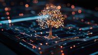 Glowing digital tree emerging from circuit board with luminous branches and bokeh lights creating magical technology concept for digital transformation.