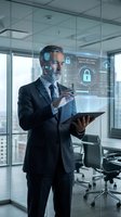 Male professional in business suit holding tablet with cloud security interface overlay in modern office setting for cybersecurity and data protection concepts.