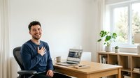 Man in casual navy sweater sitting at wooden desk with laptop, coffee cup, and potted plant in bright home office with window and white curtains.