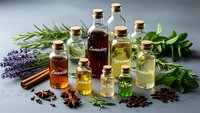 Collection of essential oil bottles with cork stoppers surrounded by fresh herbs, spices and aromatic plants for natural wellness and aromatherapy treatments.