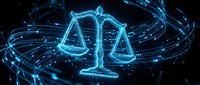 Digital justice scales with glowing blue neon light effects and flowing energy streams on dark background for legal technology concepts.