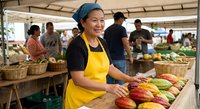 Smiling Asian female vendor in yellow apron selling fresh colorful vegetables at outdoor farmers market stall with customers shopping in background.