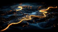 Glowing golden light trails weave through dark mountainous landscape at night, creating luminous paths between scattered city lights in aerial view perspective.