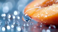 Fresh orange slice with pure water drop reflection on blue bokeh background, macro photography showing crystal clear liquid spheres and fruit texture.