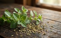 Fresh oregano herbs with dried seeds scattered on rustic wooden table in warm natural sunlight for cooking and culinary seasoning applications.