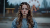 Young woman with long brown hair wearing gray sweatshirt against blurred amusement park background with ferris wheel at dusk, moody atmospheric portrait with soft natural lighting.