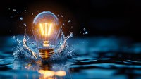 Glowing light bulb splashing into water creating dynamic ripples against dark background with luminous orange filament and blue reflections. Concept of innovation.