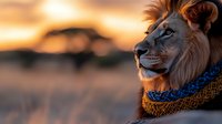 Male lion wearing blue and tan knitted scarf against warm sunset savanna landscape with blurred wildlife background, suitable for wildlife, nature and animal themed designs.