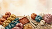 Colorful yarn balls and knitting supplies arranged on wooden surface with scissors and needles for crafting projects and hobbies.
