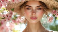 Young woman in straw hat surrounded by pink spring cherry blossoms, soft natural makeup, glowing skin and dreamy bokeh background creates romantic spring portrait.