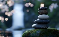 Balanced zen stones pyramid with burning candle on moss covered rock against blurred bokeh background creates peaceful spa and meditation atmosphere.