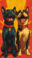 Two excited dogs with red collars and open mouths against vibrant orange background, black cat and brown shepherd mix showing happy expressions and fangs.