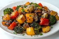 Roasted vegetable medley with broccoli, bell peppers, potatoes and herbs on white plate. Healthy colorful side dish for dinner menus and cooking blogs.