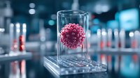 Microscopic view of pink virus cell floating in glass container on laboratory equipment with blurred scientific background showing medical research environment.