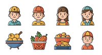 Young male and female workers wearing safety helmets and casual work attire in various professions. Includes construction, farming, and produce handling roles. Isolated clipart icons suitable for occupational, educational, and design projects.