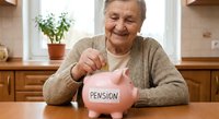 Happy elderly Caucasian woman inserting coin into pink piggy bank labeled pension at kitchen table, retirement savings and financial planning concept.