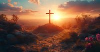 Christian cross silhouette on hilltop against dramatic orange sunset sky and mountain landscape, spiritual scene with warm sunlight and wildflowers in foreground.