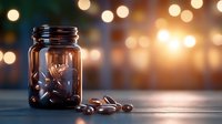 Coffee beans in glass jar with warm bokeh lights background, moody atmospheric composition for cafe and restaurant marketing materials.