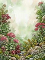 Watercolor succulent garden frame with pink flowers and green plants on textured background for botanical designs and natural decorations.